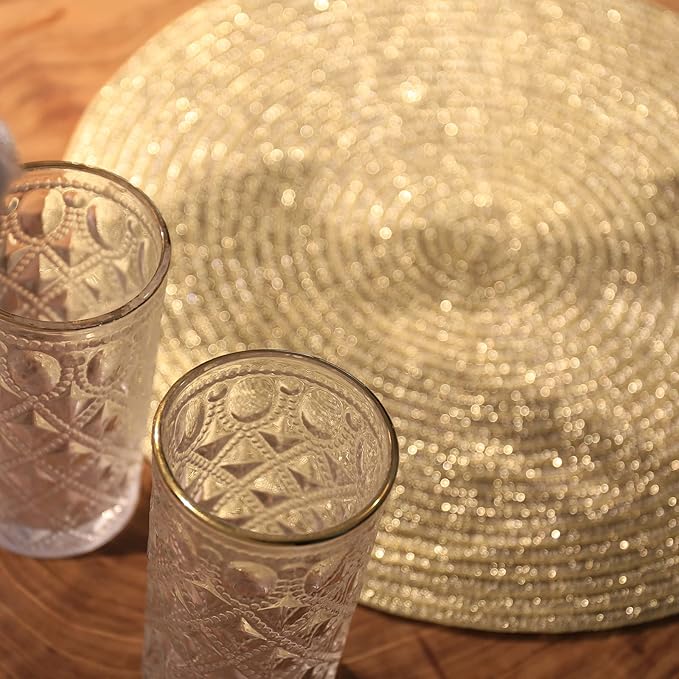 AHHFSMEI Round Braided Placemats 15 Inch Round Table Mats for Dining Tables Natural Woven Heat Resistant Place mats Set of 6 (Gold Shine)