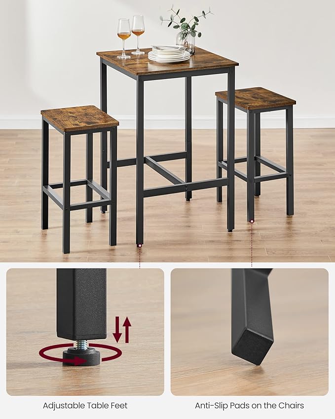 VASAGLE Bar Table and Chairs Set, Square Table with 2 Stools, Dining Pub Set for 2, Space Saving for Kitchen Breakfast, Living Room, Rustic Brown and Ink Black
