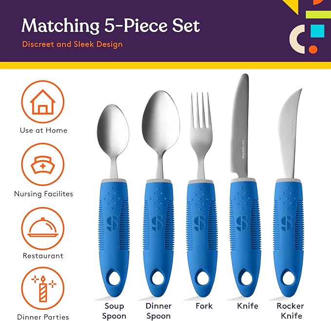 Special Supplies Adaptive Utensils (5-Piece Kitchen Set) Wide, Non-Weighted, Non-Slip Handles for Hand Tremors, Arthritis, Parkinson’s or Elderly Use - Stainless Steel Knives, Fork, Spoons - Blue