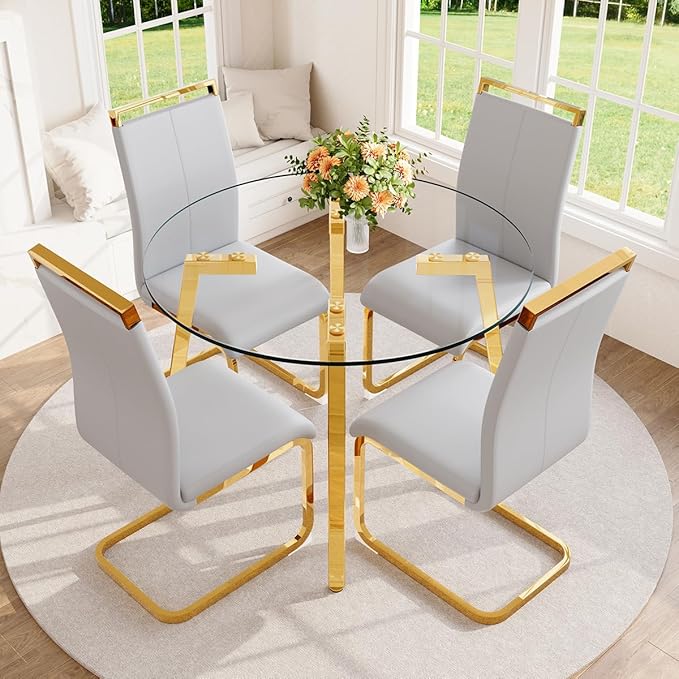 42" Round Glass Dining Table Set for 4,Modern Breakfast Table Set for 4 with Luxury Gold Chrome Legs,Space Saving Kitchen Table and Light Grey Chairs for Apartment,Easy Assembly