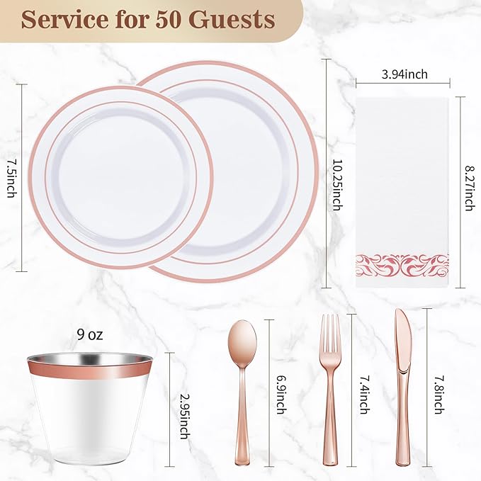 BESTVIP 350PCS Rose Gold Disposable Dinnerware Set for 50 Guests, Plastic Plates for Party, Wedding, Christmas, Include: 100 Plastic Plates, 50 Silver Silverware, 50 Cups, 50 Napkins