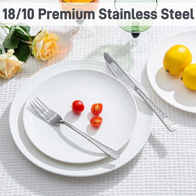 KINGSTONE Hammered Silverware Set, 30-Piece Flatware Set, 18/10 Stainless Steel Premium Cutlery with Unique Ripple Handles Design Mirror Polished - Dishwasher Safe