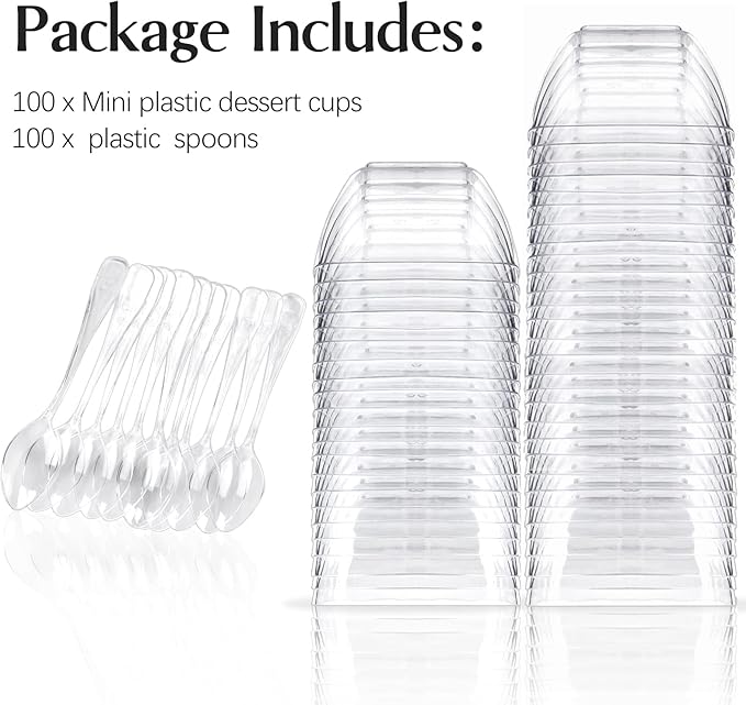 TOFLEN 100ct 2 oz Mini Dessert Cups with Spoons, Clear Plastic Reusable Small Party Serving Cups for Appetizers, Hors D'oeuvres Plates