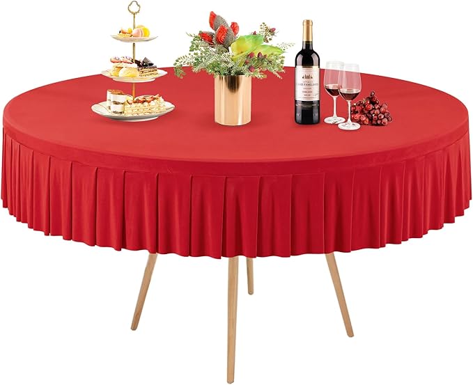 1 Pack Red Spandex Round Tablecloths for 60 inch Table, Stretchy Fitted 5FT Round Table Cloth with Wrinkle Free Skirt for Wedding Party Dining Banquet