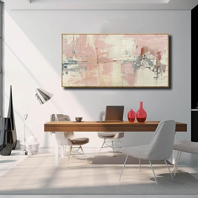 YJYart Living Room Decor Pink Canvas Wall Art 24"x 48"Abstract Wall Art White Canvas Picture Bedroom Decor Framed Artwork Large Paintings for Home Decor
