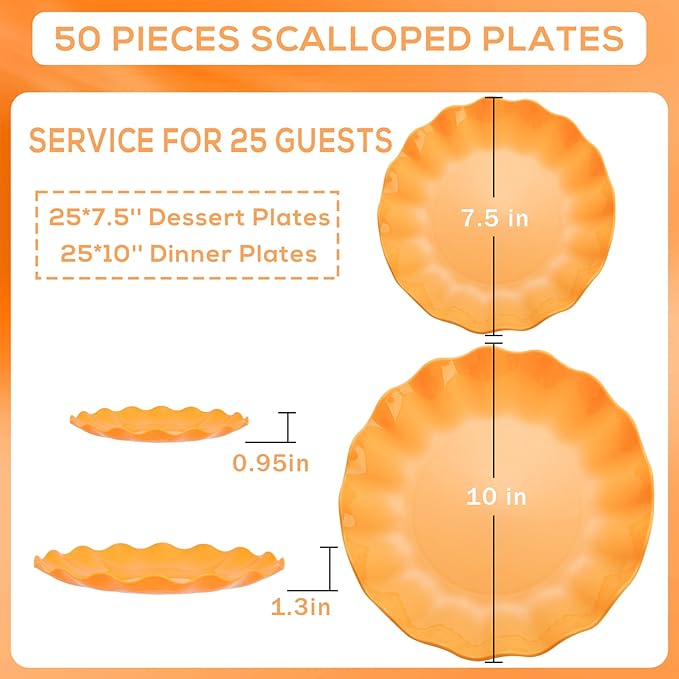 LIYH 50 Pcs Orange Scalloped Plastic Plates Heavy Duty Plates Reusable Unbreakable Plastic Plate for Party,Dishwasher Safe BPA Free (25Guests)