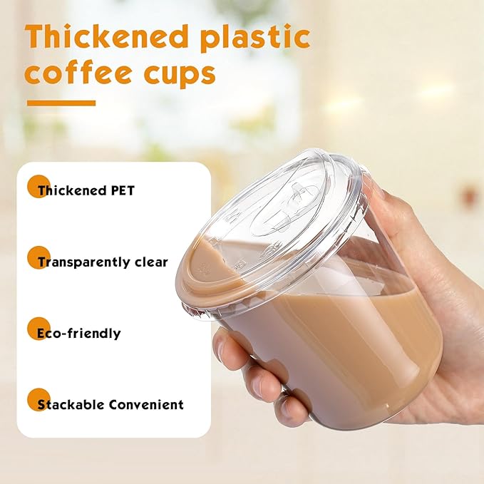 100 Sets 12 oz Clear Plastic Cups with Strawless Sip Lids, Thickened Clear Disposable Plastic Pet Crystal Cups for Iced Coffee, Smoothie, Cold Beverage, Drink Shops and Party Catering