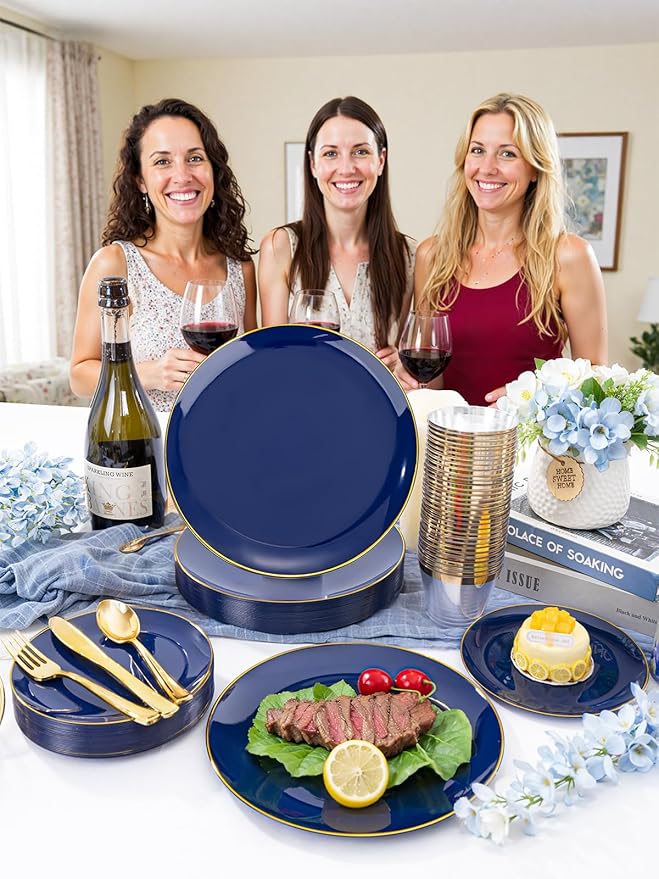 WDF 300PCS Navy Blue Plates Disposable - Blue Plastic Plates 50guest Heavy Duty Plastic Dinnerware Sets for Party/Wedding/Birthday