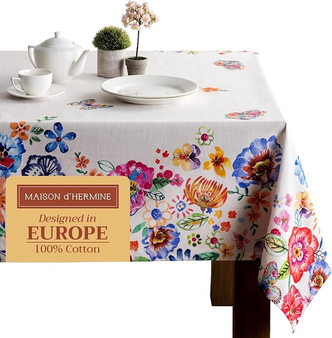 Maison d' Hermine Table Cloth Rectangle Table 100% Cotton 70 x 90 Inches Tablecloth Reusable Decorative for Dining Room Farmhouse Valentines Day Decorations Spring Summer - Happy Florals - High Summer