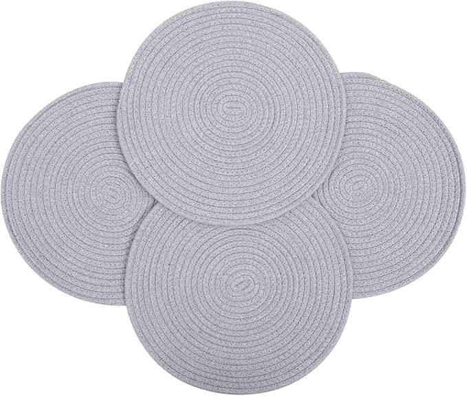 6 Pack Cotton Woven Placemats, 13.8 inches Round Plate Chargers Grey Thick Placemat Set Cotton Rope Braided Tablemats Rattan Tablemats Rustic Weave Placemats for Dining Table