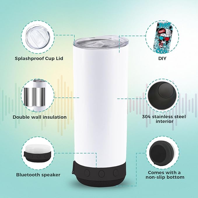 12pack 20oz cups Bluetooth Tumbler with Straw and Lid, Double-Wall Stainless Steel Vacuum Insulation Sublimation Tumbler Blank, RemovableRechargeable Bluetooth Wireless Speaker