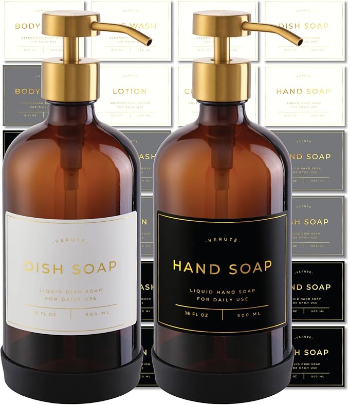 Hand and Dish Soap Dispenser for Kitchen and Bathroom, Set of 2 16 Oz Glass Bottles, Stainless Steel Pumps, Non-Slip Silicone Base, 27 Waterproof Labels (Amber Bottle/Brushed Gold Pump)