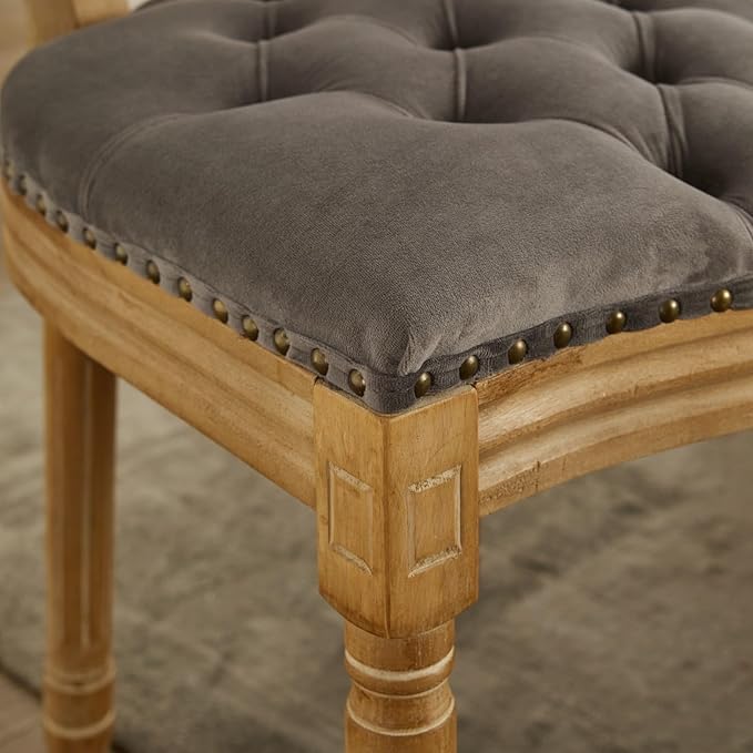 Ball & Cast French Vintage Upholstered Dining Chairs Set of 2, Button Tufted Kitchen Side-Chairs with Carved Antique Wood Frame & Nailhead Trims, 2-Piece Curved Backrest Louis Chair, Velvet Gray