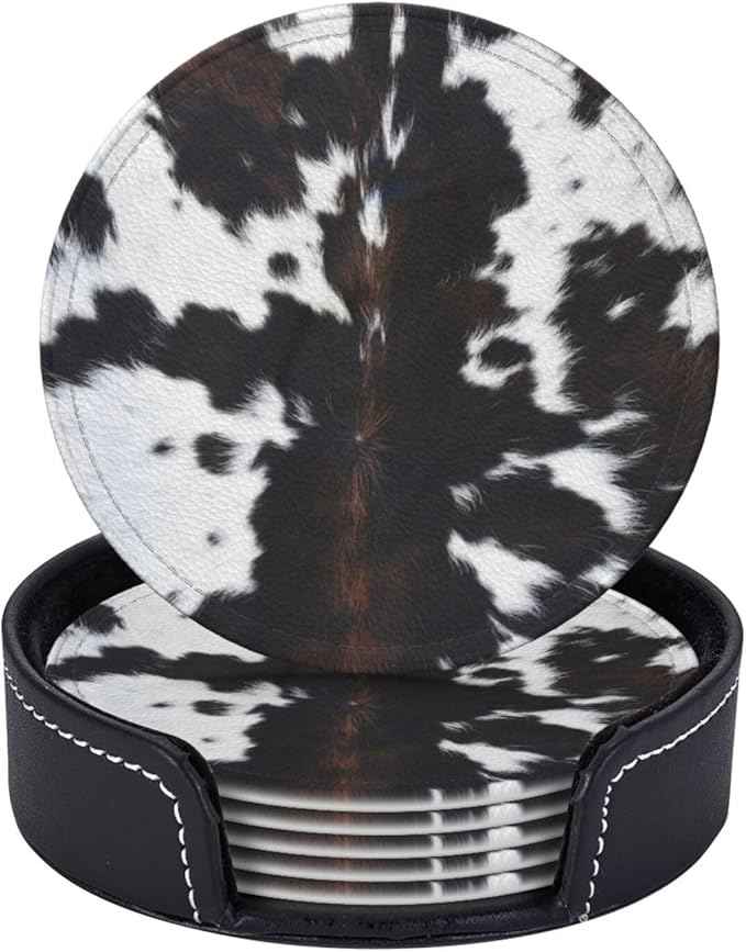 Cow Print Coasters for Drinks with Holder Round Leather Coasters Set of 6 Cups Mugs Mat Pad for Home Kitchen Bar