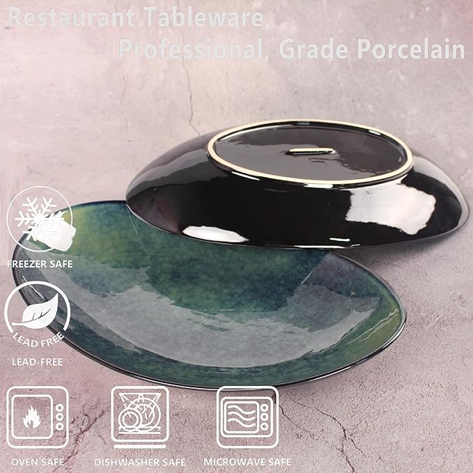 Ceramic Serving Platters Set of 2, 16 Inch Curved Oval Salad Plates for Entertaining, Modern Kitchen Dishes, Trays for Dinner, Fruit, Salad, Pasta, burgers - Dishwasher Microwave Safe