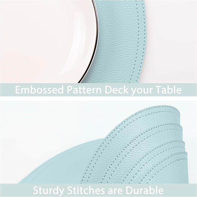 Set of 6 Faux Leather Round Placemats and Coasters, Coffee Mats Kitchen Table Mats, Waterproof, Easy to Clean for Kitchen Dining Round Table