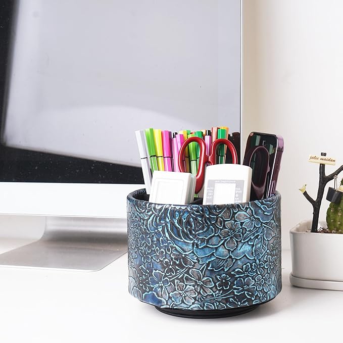 Round Leather Art Supply Organizer,Remote Control Holder,360 Degree Spinning,Multi-Functional Pencil Holder,4 Compartments Desktop Stationary Organizer(1-Rich Flower Blue)