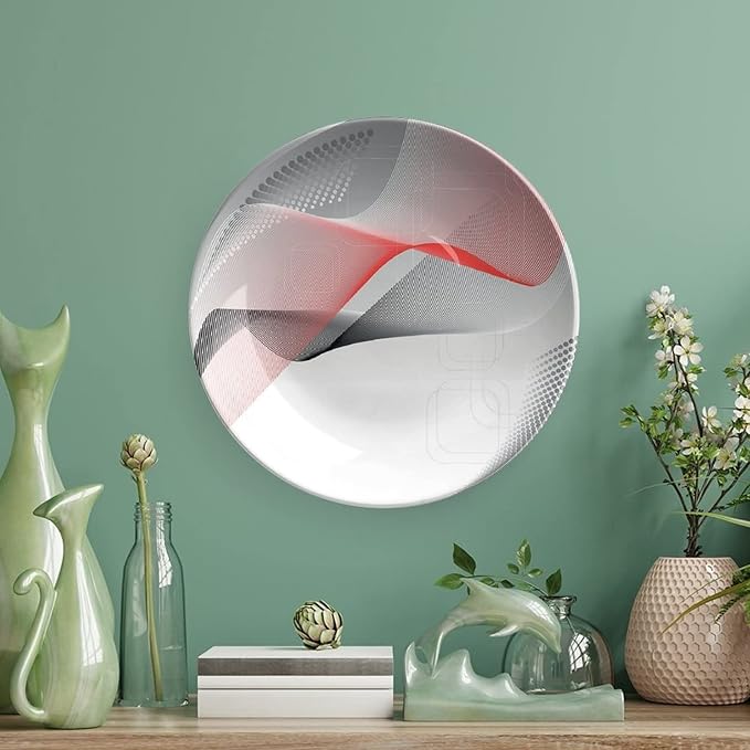 Decorative Plates, Abstract Print Ornament, Modern Geometric Squares Dots Curves Waves, 6 Inch, Kitchen Wall Decor, Red Grey Black