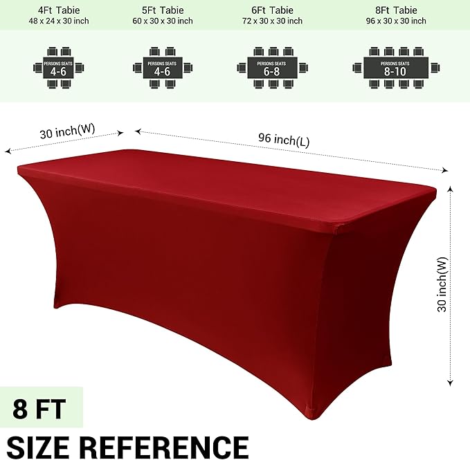 Obstal 6 Pack Stretch Spandex Red Table Covers for 8 Foot Tables - 8 FT Universal Rectangular Fitted Tablecloth Protector for Wedding, Banquet, Party, 96 Length x 30 Width x 30 Height Inches