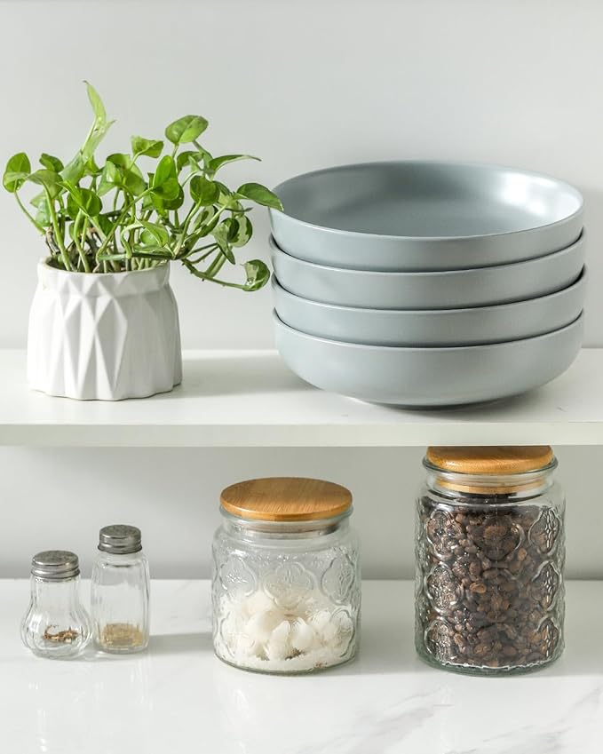 Pasta Bowls Set of 4, Stoneware 34 oz Salad Bowls, Ceramic Bowl Plates for Pasta, Salad, Fruit, Cereal, Soup, Pottery Bowls for Kitchen, Microwave & Dishwasher Safe, Pebble Gray