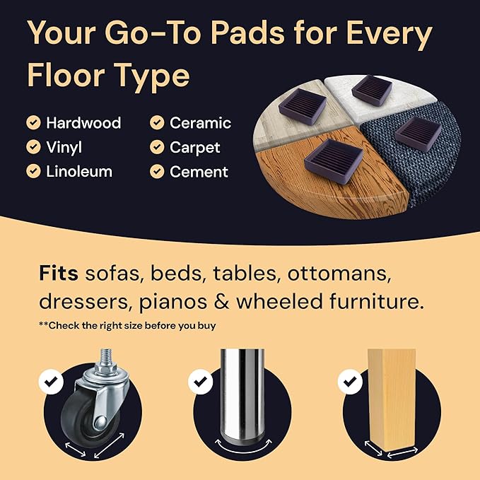CasterMaster Square Non-Slip Furniture Pads - 3 in x 3 in, Pack of 8, Black - Stoppers to Prevent Sliding - Floor Protectors for Furniture - Noise Reduction & Caster Cups for Vinyl Floors