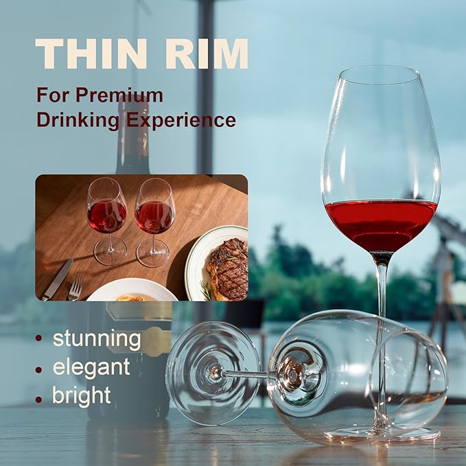 Red Wine Glasses Set of 4, 22oz, Hand Blown Premium Crystal Wine Glasses, Clear Stem,Thin Rim, - Perfect for Red or White, Daily Use,Unique Wedding Anniversary or Birthday Gift