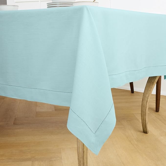 Solino Home Linen Tablecloth for Rectangle Tables 60 x 144 Inch - Classic Hemstitch 100% Pure Linen Aqua Blue Table Cloth - Machine Washable Cloth Tablecloth for Spring, Easter