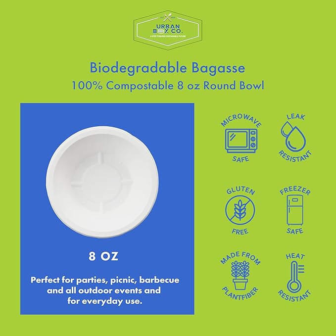 8oz Compostable Paper Bowls, Heavy-Duty Eco-Friendly Bagasse Bowl, Biodegradable & Heat-Resistant for Hot & Cold Foods, Soups, Dessert, Salads, Ice Cream, Pasta, Snacks, 200 Pack