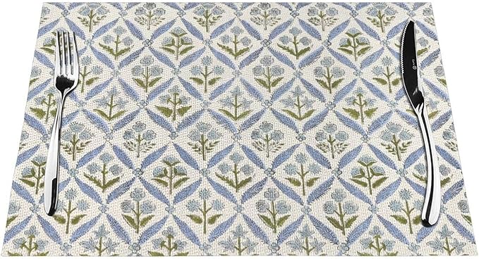 Block Print Floral Placemats 12x18 Inches Set of 4, Boho Blue Flower Decorative Modern Rectangle Table Mats for Party, Home Kitchen,Dining Table Decoration