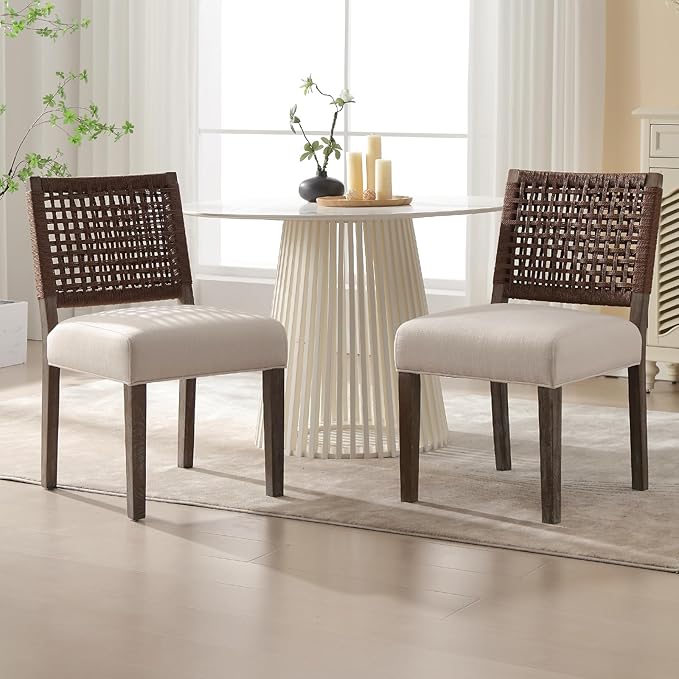 Farmhouse Dining Chairs Set of 2 Linen Fabric Upholstered Accent Side Chair, Mid Century Modern Kitchen & Dining Room Chairs with Woven Rope Back for Home, Living Room, Bedroom - Beige