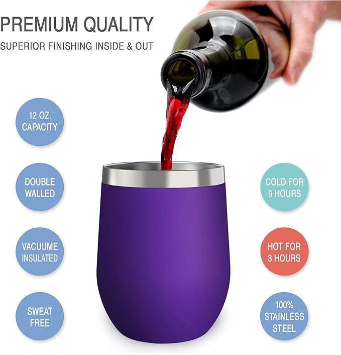 CHILLOUT LIFE 12 oz Stainless Steel Wine Tumbler with Lid - Double Wall Vacuum Insulated Wine Cup Glass Keeping Cold & Hot for Coffee, Champagne, Cocktails, Ice Cream - Powder Coated Purple