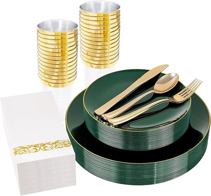 YOUBET 175PCS Green Plastic Plates - Green and Gold Disposable Plates Include 50 Plate, 75 Silverware, 25 Cups, 25 Napkins for Wedding & Party