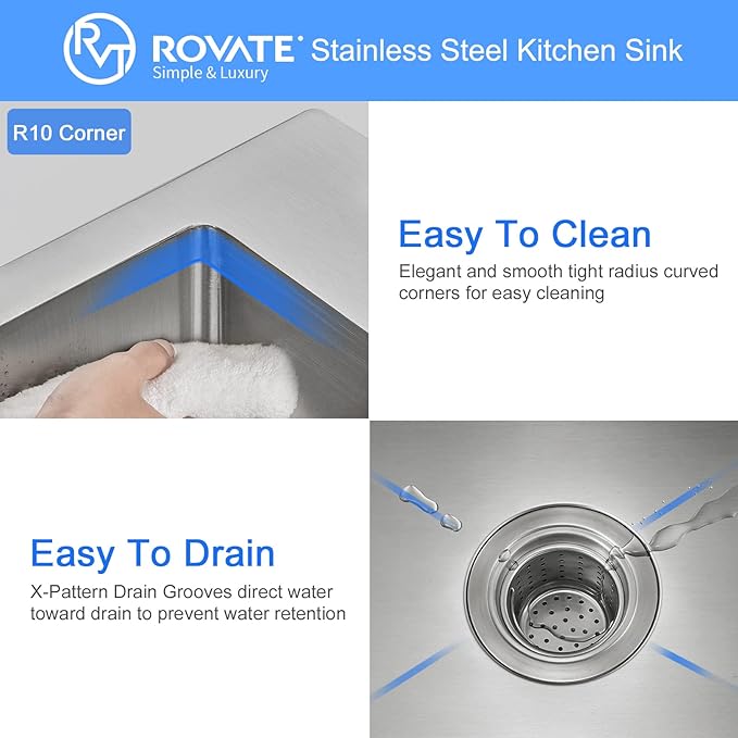 ROVATE 20 x 16 inch Drop-in Kitchen Sink Single Bowl, Topmount Kitchen Sink Handmade, 304 Stainless Steel Overmount Kitchen or Bar Sink with Basket Strainer, 20 x 16 x 9 inch