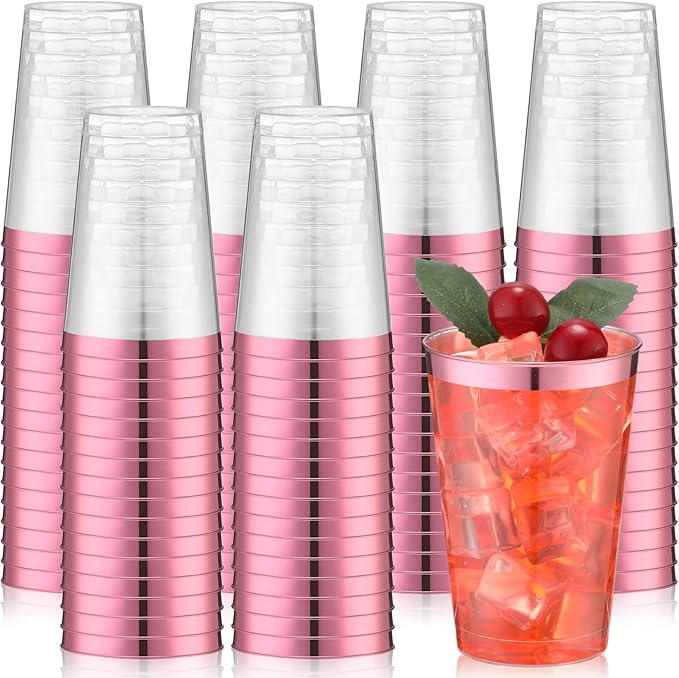 Patelai 100 Pcs Valentine's Day Plastic Cups 12 oz Pink Rimmed Plastic Cups Heavy Duty Disposable Wine Glasses Clear Pink Cocktail Glasses Drinking Tumblers for Galentines Day Party Wedding