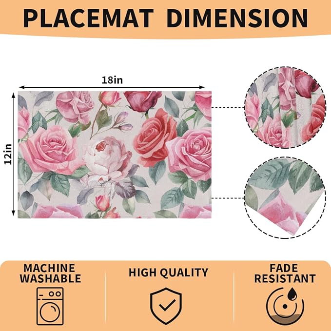 Pink Rose Placemats Set of 4, Washable Elegant Vintage Placemats, Non-Slip Table Rectangle Linen Place Mats for Kitchen Dining Party Farmhouse Home Indoor Table Decor