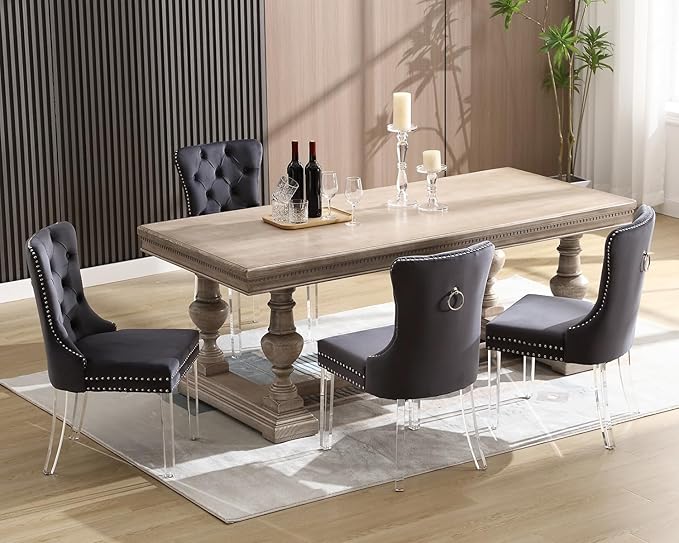 KCC Velvet Dining Chairs Set of 2, Upholstered Tufted Wingback Dining Room Chair with Nailhead Back Ring Pull Trim Solid Acrylic Legs, Contemporary Nikki Collection Style for Kitchen, Grey