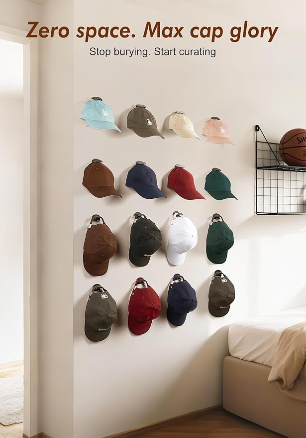 HOUSE DAY Adhesive Hat Hooks for Wall 32 Pack, Strong Hat Rack for Baseball Cap Display Organizer, Hats Holder for Wall, Door, Closet, No Drilling, Black
