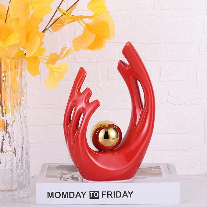 LCCCK 9.5" H Red Gold Aesthetic Room Decor Accent, TV Stand Funky Table Centerpiece, Abstract Art Ceramic Statue and Sculpture, Red Decor for Living Room, Bookshelf Decorative Objects, Shelf Decor