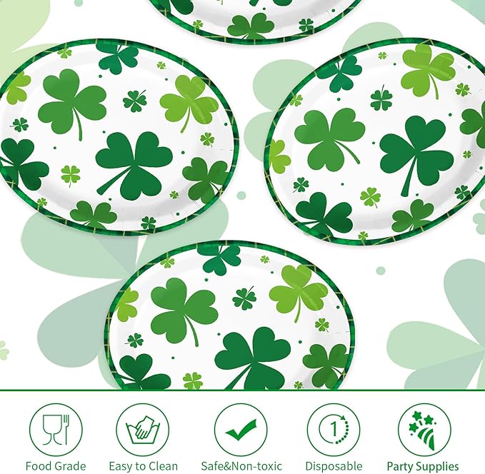 50Pcs St. Patrick’s Day Oval Paper Plates 10" x 12" Large Heavy Duty Disposable Spring Green Irish Shamrock Dessert Platters Lucky Clover Plates for Summer Holiday Festival Party Supplies Decoration
