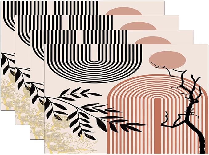 Abstract Mid Century Plant Placemats Boho Retro Tropical Palm Sun Arch Minimalist Modern Aesthetic Geometric Washable Place Mats 12x18Inch for Dining Kitchen Farmhouse Decor 4 PCS