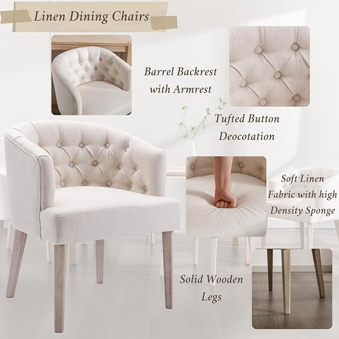 Mid-Century Dining Chairs Set of 4, Tufted Upholstered Linen Dining Room Chairs Comfy Side Chair Armchair Guest Chair with Wooden Legs for Dining Room Living Room, Beige