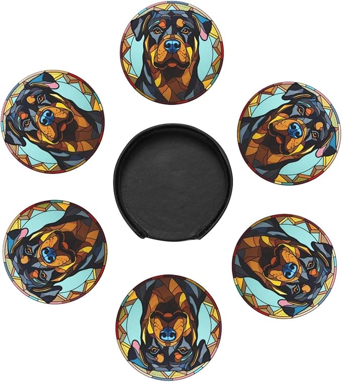 Drink Coaster Set of 6, Rottweiler Dog Mom Lover Gift,Leather Drink Coasters with Holder,6 Pack Cup/Bar/Drink Coasters for Table/Drinks/Coffee Protection Housewarming Gift