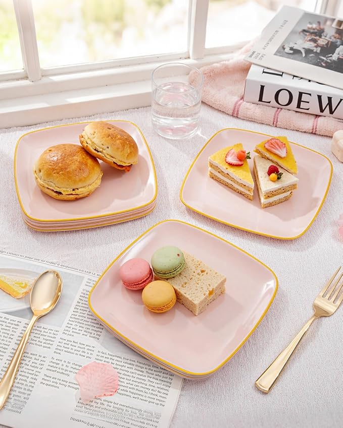 bUCLA 100PCS Pink Plastic Plates - Heavy Duty Square Pink and Gold Disposable - Include 50 Dinner 10 inch & 50 Dessert 7.25 inch Plates for Party & Valentines Day