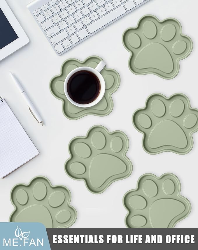 ME.FAN Silicone Coasters 6 Pack Paw Cup Mat with Holder, Dog Cat Paw Shape, for Hot or Cold Drink, Non-Slip, Non-Stick, Room Decor, Housewarming Desert Sage
