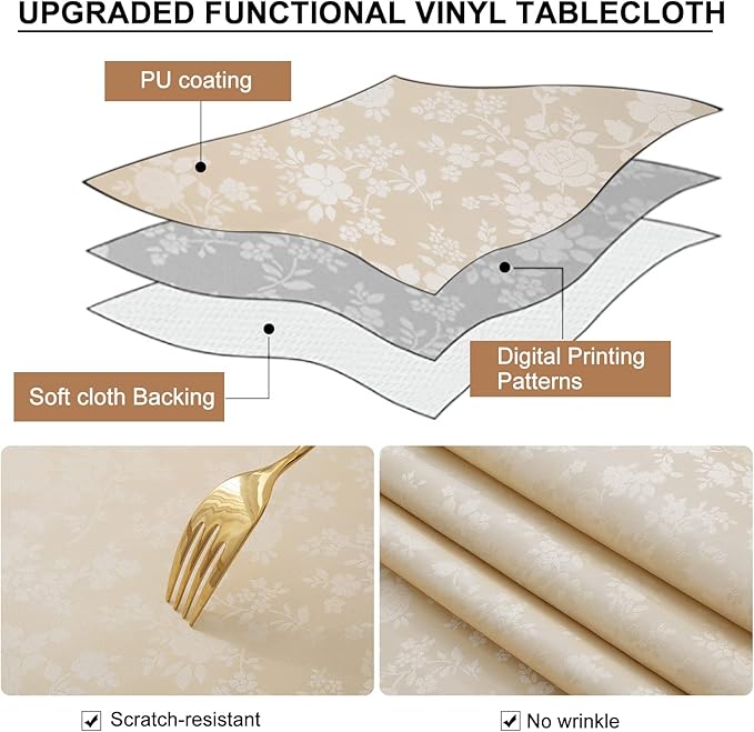 Smiry Rectangle Table Cloth, Waterproof Heavy Duty Vinyl Tablecloths, Wipeable Washable Table Cover for Kitchen and Dining Room (Beige, 60" X 102")