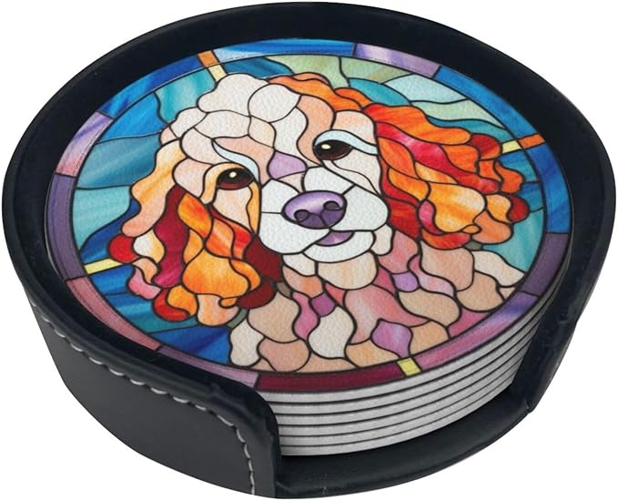 Drink Coaster Set of 6, Poodle Dog Mom Lover Gift,Leather Drink Coasters with Holder,6 Pack Cup/Bar/Drink Coasters for Table/Drinks/Coffee Protection Housewarming Gift