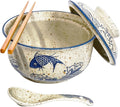 Ceramic Ramen Bowl Set, 800ml, with Lid, Spoon and Chopsticks, Japanese Vintage Large Soup Bowls Instant Noodle Bowl Asian Tableware (Fish*1)