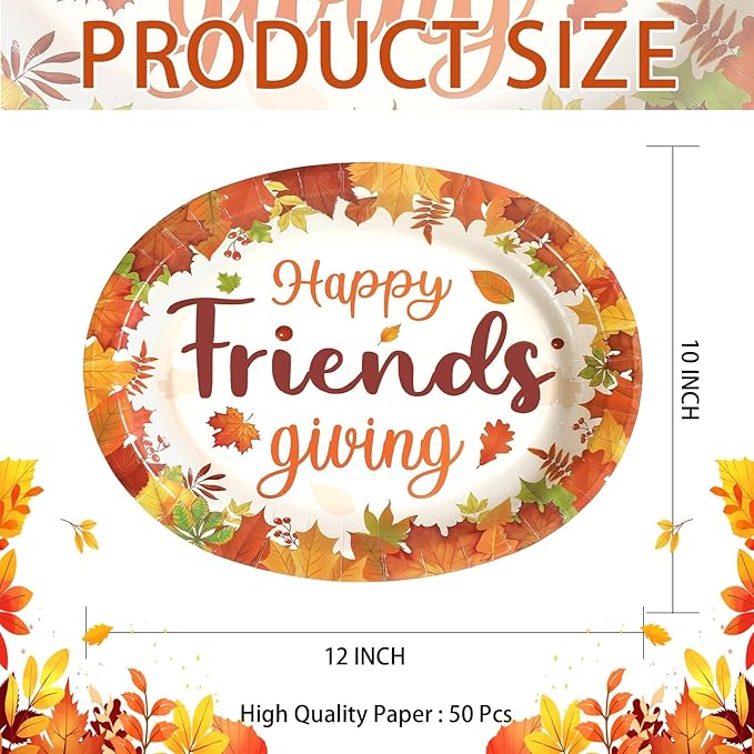 50Pcs Fall Oval Paper Plates 10" x 12" Large Disposable Heavy Duty Friendsgiving Maple Leaf Paper Platters Autumn Give Thanks Dessert Plates for Friendsgiving Thanksgiving Harvest Party Supplies
