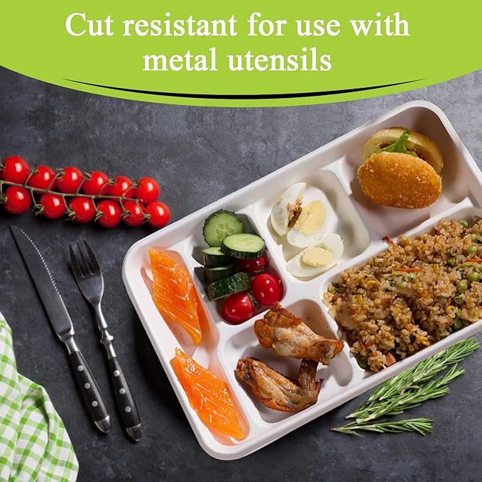 three leaf 6 COMPARTMENT BAGASSE TRAY 400 Ct. Heavy-Duty- Super Strong- Natural- Eco-Friendly Disposable Bagasse Plates, 100% Biodegradable 6 Compartment meal Plates
