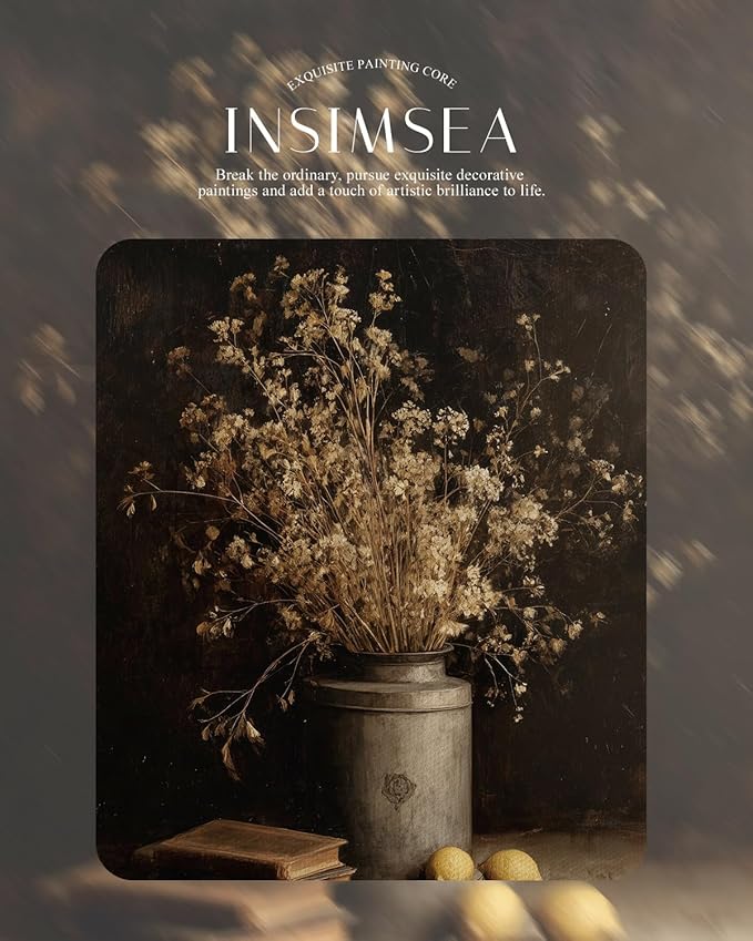 InSimSea Gold Picture Framed Wall Art, Living Room Vintage Dried Flowers Vase Wall Decor, Dark Moody Still Life Canvas Print Art, Home Farmhouse Decor, Antique Paintings with Frame 13x16inch